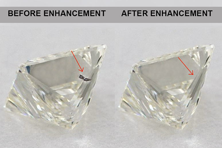 Diamond with a single blemish corrected using laser filling clarity enhancement.