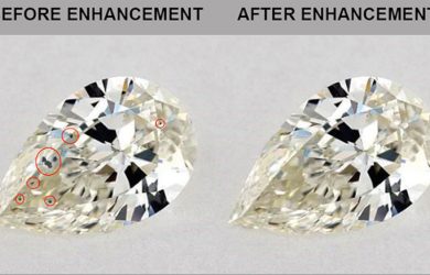 Diamond with multiple inclusions clarity enhanced using high temperatures and liquid glass.