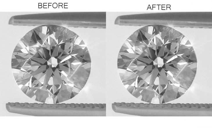 Image of a clarity enhanced diamond before and after laser drilling